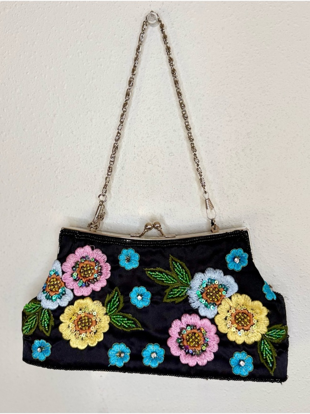 Vintage JNS Black Beaded Floral Satin Evening Bag Kiss Lock Clutch